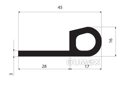 Gumový profil tvaru "P" s dutinkou, 45x16/3mm, 70°ShA, NBR, -40°C/+70°C, čierny